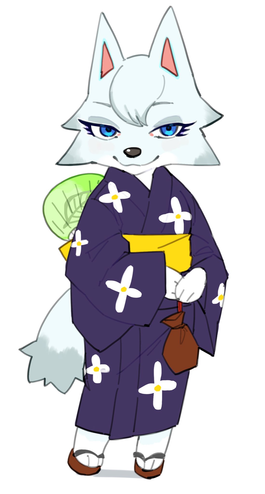 1girl animal_crossing animal_ears bangs blue_eyes eyelashes floral_print hair_between_eyes highres japanese_clothes kame_(3t) kimono sandals tail white_background white_hair whitney_(animal_crossing) wolf wolf_ears wolf_girl wolf_tail yukata