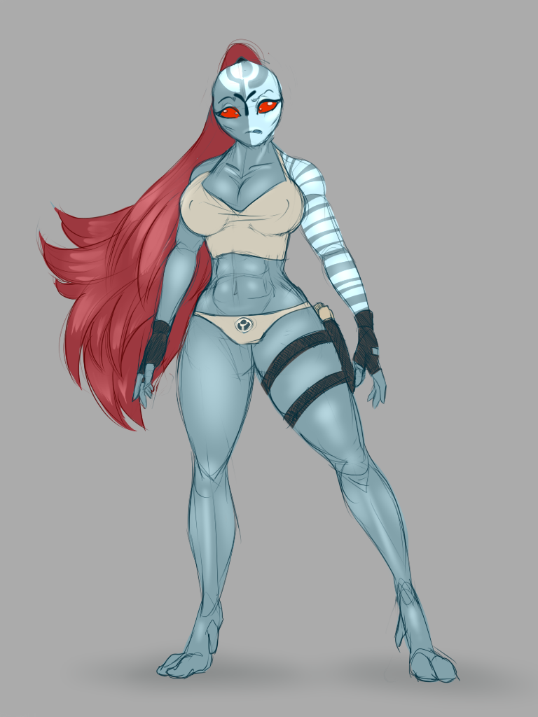 3:4 abs alien big_breasts blackbetty bottomwear breasts clothed clothing female hair humanoid long_hair looking_at_viewer not_furry panties ranged_weapon simple_background solo t'au_(warhammer) tau thick_thighs underwear warhammer_(franchise) warhammer_40000 weapon