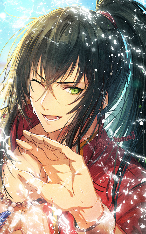 1boy ;d alternate_hairstyle bangs black_hair chain_necklace commentary_request fate/grand_order fate_(series) green_eyes hair_between_eyes hand_up jacket jewelry long_hair long_sleeves looking_at_viewer male_focus n_kamui necklace no_tattoo official_alternate_costume one_eye_closed open_mouth pearl_necklace ponytail red_jacket sky smile solo tattoo toned toned_male twitter_username upper_body very_long_hair watch water wristwatch yan_qing_(fate) yan_qing_(training_wear)_(fate)