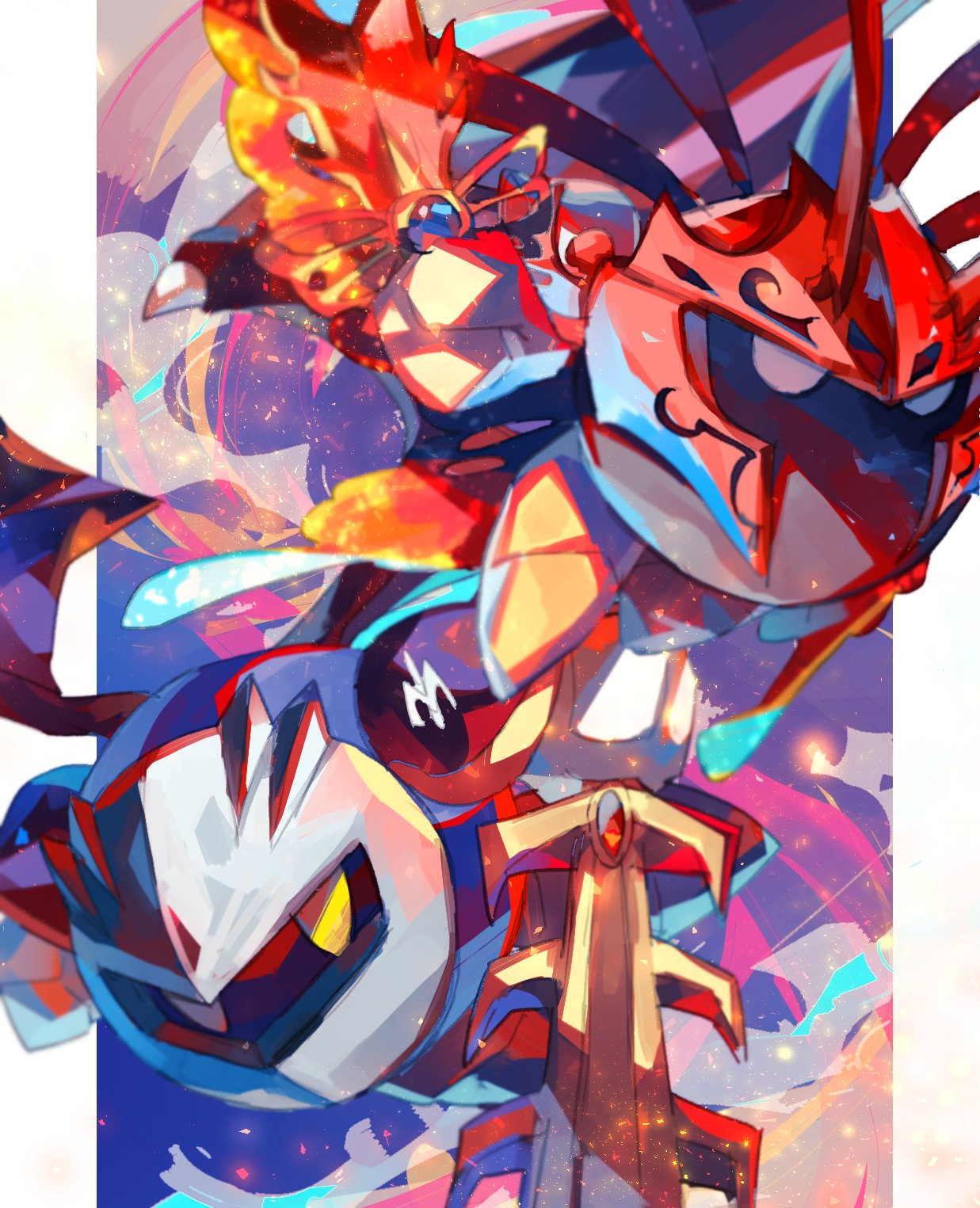 armor bat_wings black_skin blue_skin butterfly_wings chikichi colored_skin flying galaxia_(sword) gloves highres holding holding_sword holding_weapon kirby_(series) looking_at_another mask meta_knight morpho_knight no_humans pauldrons shoulder_armor sword weapon white_eyes white_footwear wings yellow_eyes