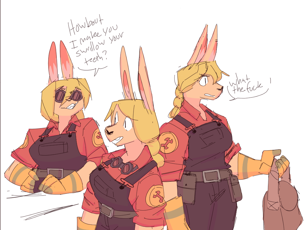 anonymous_artist anthro belt blonde_hair clothing dialogue engineer_(team_fortress_2) eyewear female gloves goggles hair handwear kangaroo macropod mammal marsupial mechanic shirt simple_background solo team_fortress_2 topwear uniform valve video_games