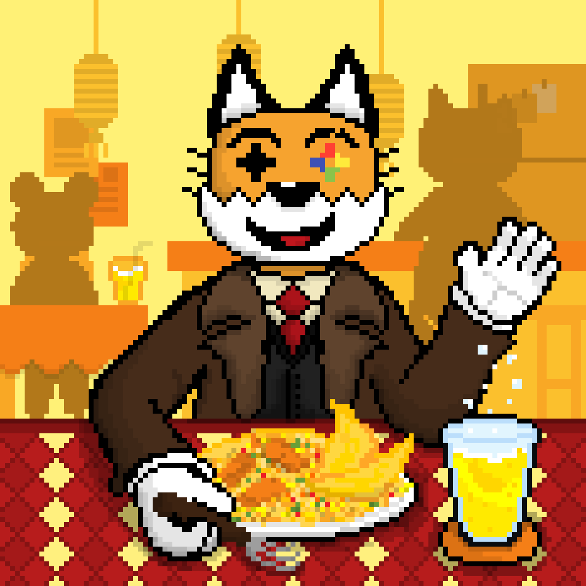 :d anthro archlego beverage canid canine clothing cutlery food fork fox gabardine gloves group handwear kitchen_utensils male mammal necktie rice shaded shirt simple_background simple_coloring simple_eyes simple_nose simple_shading smile solo tools topwear trio vest