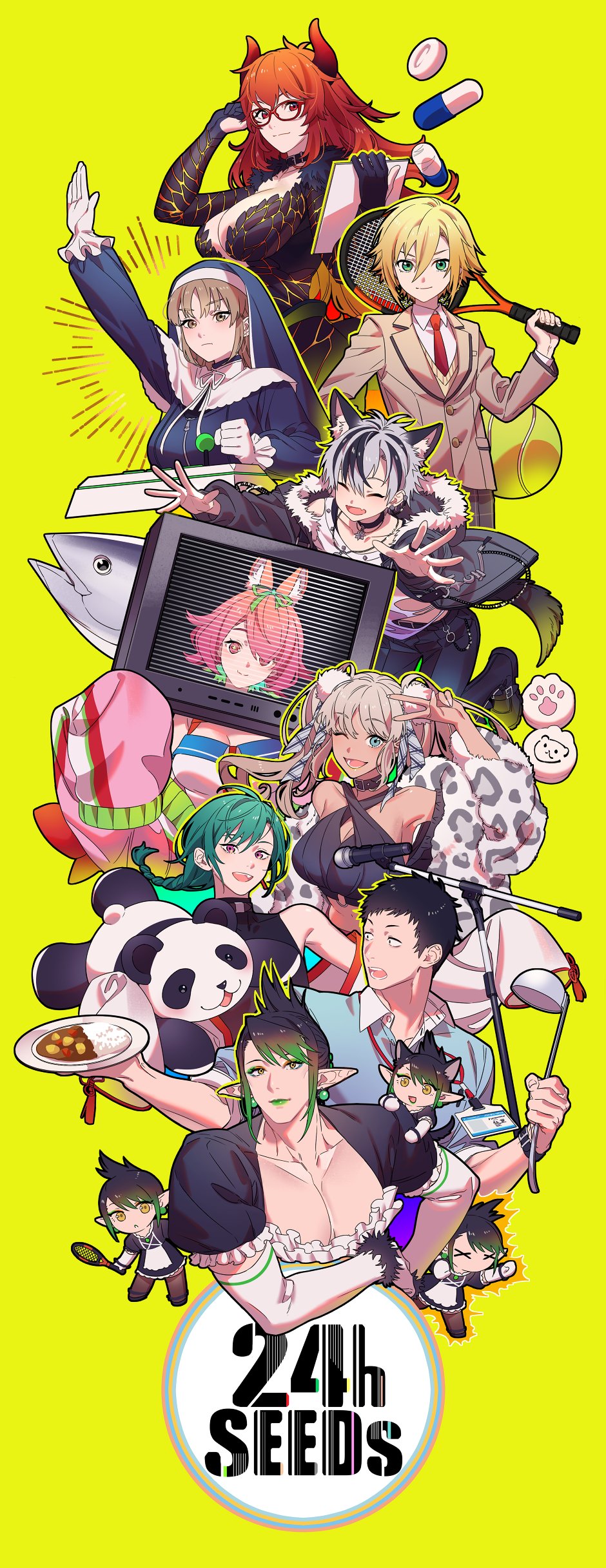 1other 4boys 4girls absurdres animal_ears arcade_stick arm_up azuchi_momo ball bangs bare_shoulders belt black_hair black_jacket black_pants black_shirt blazer blonde_hair blue_shirt boots braid braided_ponytail breasts brown_hair chibi cleavage closed_mouth collared_shirt controller criss-cross_halter crop_top curry curry_rice dark-skinned_female dark_skin dog_boy dog_ears dog_tail dola_(nijisanji) earrings elbow_gloves fang fish food fur-trimmed_jacket fur_trim game_controller glasses gloves green_eyes green_hair grey_hair habit hair_ornament halterneck hanabatake_chaika highres holding holding_paper holding_plate holding_racket horns id_card jacket jewelry joystick ladle lanyard large_breasts lipstick long_hair long_sleeves looking_at_viewer low_ponytail makeup microphone microphone_stand multicolored_hair multiple_boys multiple_girls necklace necktie nijisanji off_shoulder one_eye_closed open_mouth outstretched_arms pants paper pectoral_cleavage pectorals pill pink_jacket plate pointy_ears pom_pom_(clothes) pom_pom_hair_ornament racket red_hair red_necktie rice ring ryuushen shirt short_hair short_sleeves sister_cleaire skin_fang sleeveless sleeveless_shirt sleeves_past_fingers sleeves_past_wrists smile stuffed_animal stuffed_panda stuffed_toy suzuki_masaru sweater_vest tail tennis_ball tennis_racket tenobe todoroki_kyouko twintails two-tone_hair uzuki_kou v very_short_hair virtual_youtuber white_gloves white_shirt x_x yashiro_kizuku yellow_background yellow_eyes