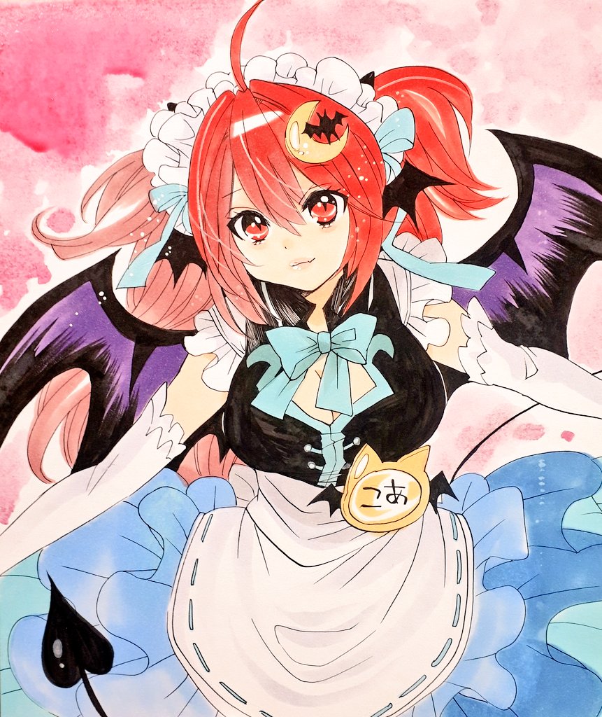 ahoge alternate_costume apron araki_hirohiko_(style) bare_shoulders bat_wings black_dress blue_bow bow breasts cleavage cowboy_shot demon_tail dot_nose dress elbow_gloves enmaided eyes_visible_through_hair fang frilled_dress frills gloves hair_between_eyes hair_bow head_wings koa_(phrase) koakuma long_hair maid maid_headdress marker_(medium) matsuppoi medium_breasts name_tag pinafore_dress pink_background red_eyes red_hair shikishi simple_background skin_fang tail touhou traditional_media very_long_hair waist_apron white_gloves wings