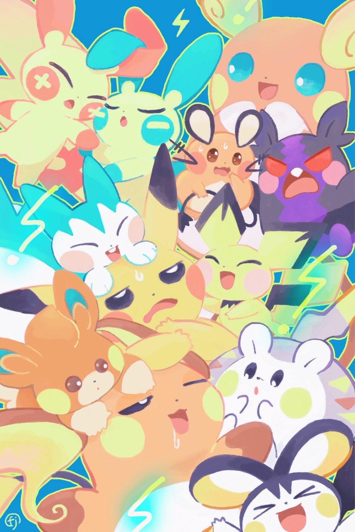 &gt;_&lt; :o alolan_raichu blue_background brown_eyes chikafuji closed_eyes commentary_request dedenne emolga frown highres minun morpeko morpeko_(hangry) no_humans open_mouth outline pachirisu pawmi pichu pikachu plusle pokemon pokemon_(creature) raichu signature smile sweat sweatdrop togedemaru