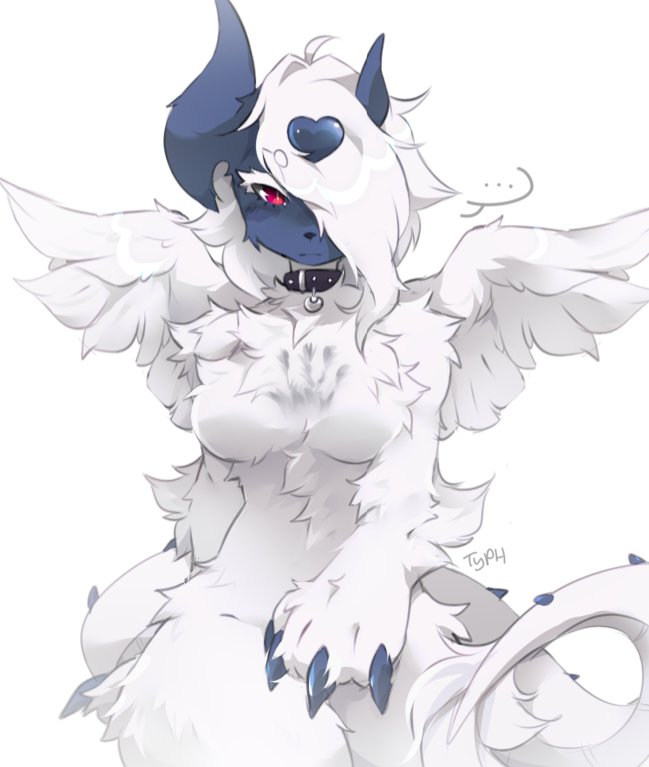 &lt;3 ... absol anthro bell blue_claws blue_face blue_horn breasts claws collar dragon featureless_breasts female fluffy fur hair hand_on_lap hand_print horn hybrid long_hair long_tail mega_absol mega_evolution nintendo paws pok&eacute;mon pok&eacute;mon_(species) red_eyes signature simple_background solo tail_fluff typh video_games white_background white_body white_eyelashes white_fur white_hair white_tail white_wings wings