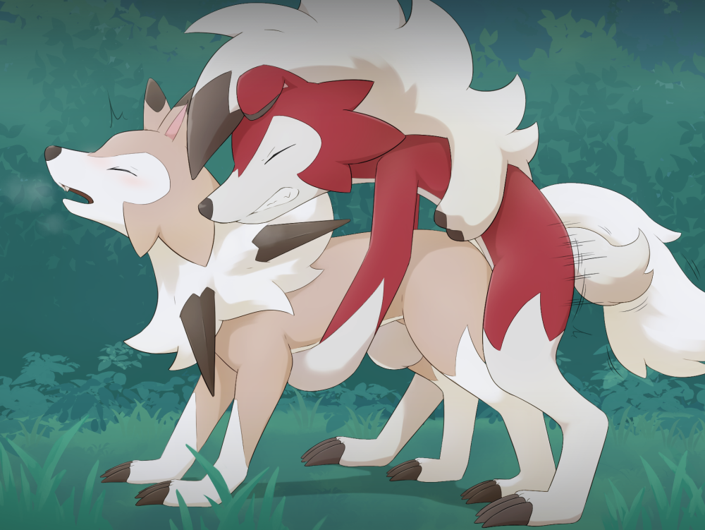 abdominal_bulge anthro anthro_on_feral bestiality brown_body doggystyle duo eyes_closed female female_penetrated feral from_behind_position kemonobito lycanroc male male/female male_penetrating male_penetrating_female midnight_lycanroc nintendo penetration pok&eacute;mon pok&eacute;mon_(species) red_body sex video_games white_body