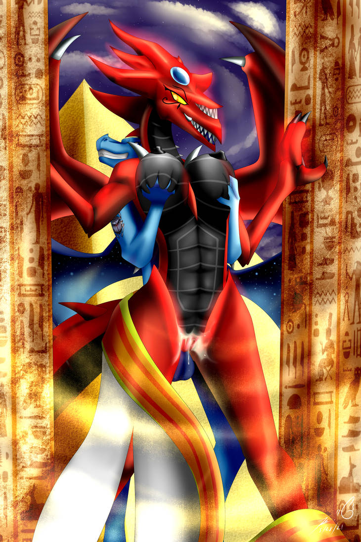 abs anthro big_breasts black_nipples bludraconoid blue_body breast_grab breasts dragon duel_monster duo female from_behind_(disambiguation) hand_on_breast male male/female nipples pyramid red_body slifer_the_sky_dragon story story_at_source story_in_description wings yu-gi-oh!