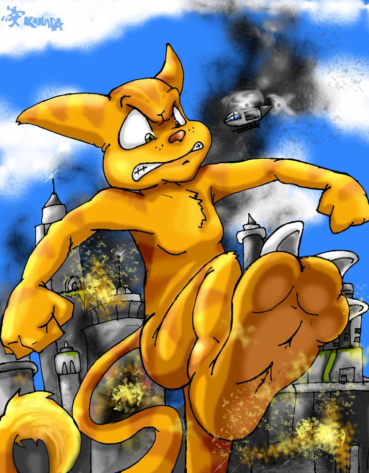 2005 aircraft anthro building claws clenched_teeth cloud convenient_censorship feet fire fist foot_focus fur helicopter kanada lombax long_tail macro male mammal nude outside paws raised_leg ratchet ratchet_and_clank smoke solo sony_corporation sony_interactive_entertainment stomping teeth toe_claws video_games