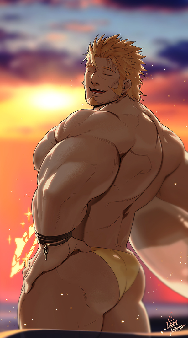 1boy artist_name ass bara biceps blonde_hair bracelet closed_eyes cloud cloudy_sky commentary facial_hair feet_out_of_frame gomtang halo jacob_(housamo) jewelry large_pectorals lifebuoy light light_rays looking_back male_focus male_swimwear manly mature_male muscular muscular_male nipples open_mouth outdoors pectorals short_hair signature sky solo spiked_hair stubble sun sunlight sunset swim_briefs symbol-only_commentary teeth thick_arms thick_eyebrows thick_thighs thighs tokyo_afterschool_summoners tongue water water_drop