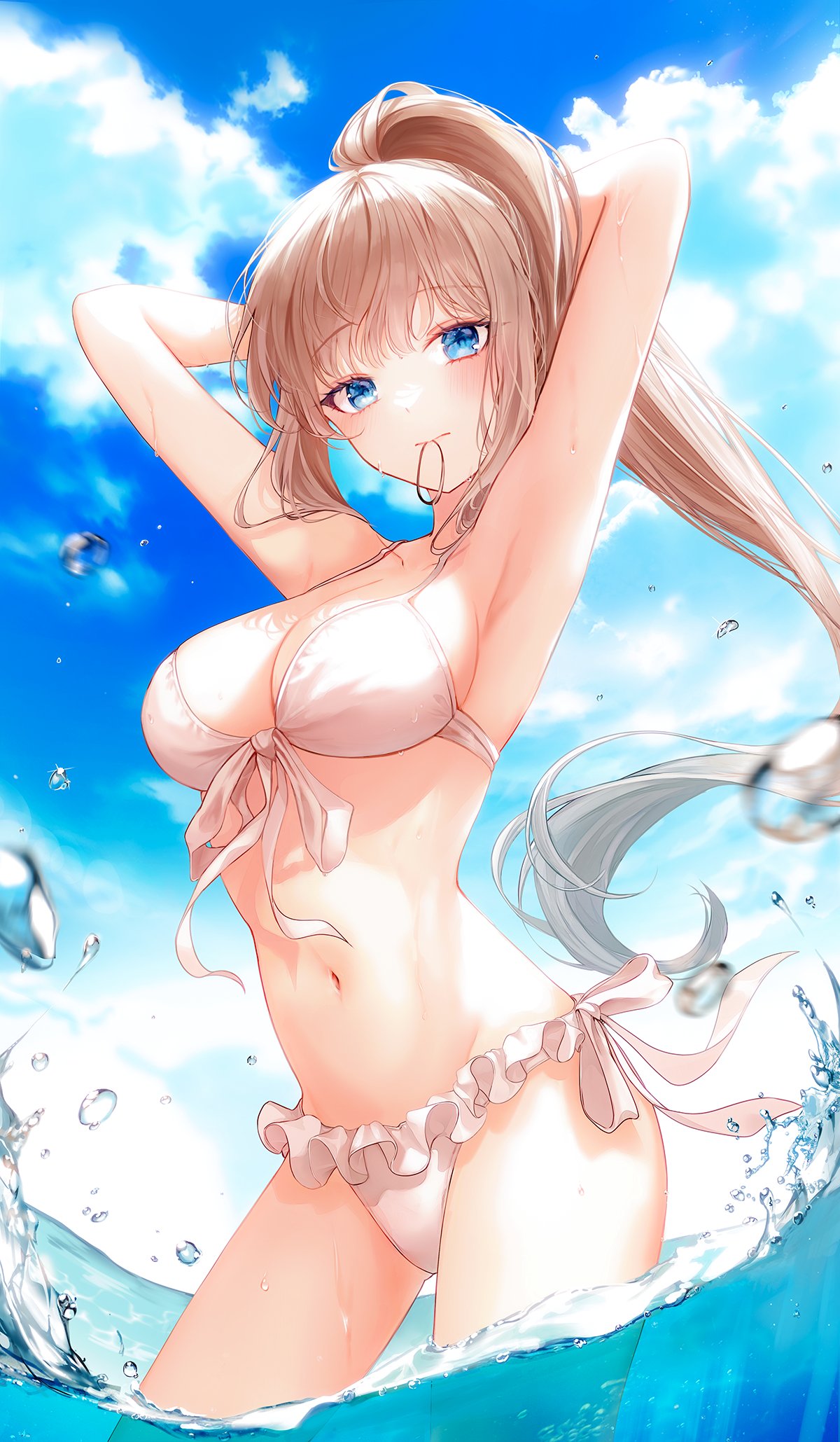 1girl 723/nanahumi armpits arms_behind_head arms_up bangs bikini blue_eyes blue_sky blunt_bangs blush breasts brown_hair cleavage closed_mouth cloud collarbone contrapposto cowboy_shot day eyelashes floating_hair frilled_bikini frills front-tie_bikini front-tie_top hair_tie hair_tie_in_mouth halter_top halterneck high_ponytail highres in_water large_breasts long_hair looking_at_viewer mouth_hold navel ocean original outdoors partially_submerged partially_unzipped ponytail revision side-tie_bikini sidelocks sky solo standing stomach swimsuit very_long_hair wading water water_drop wet white_bikini