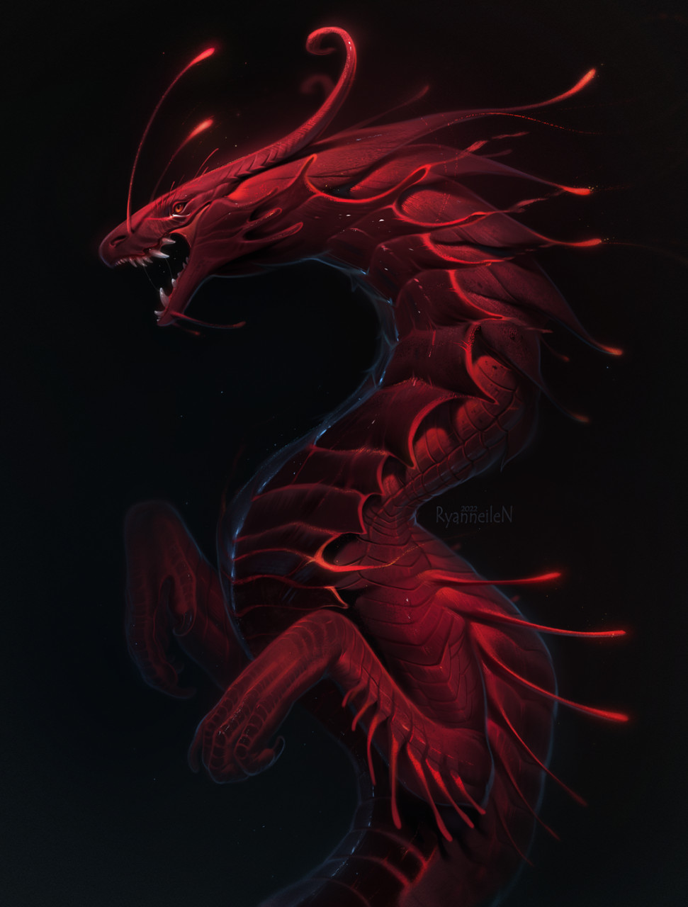 2022 ambiguous_gender black_background digital_media_(artwork) dragon feral hi_res kdromka open_mouth red_body red_eyes red_scales scales simple_background solo teeth wingless_dragon