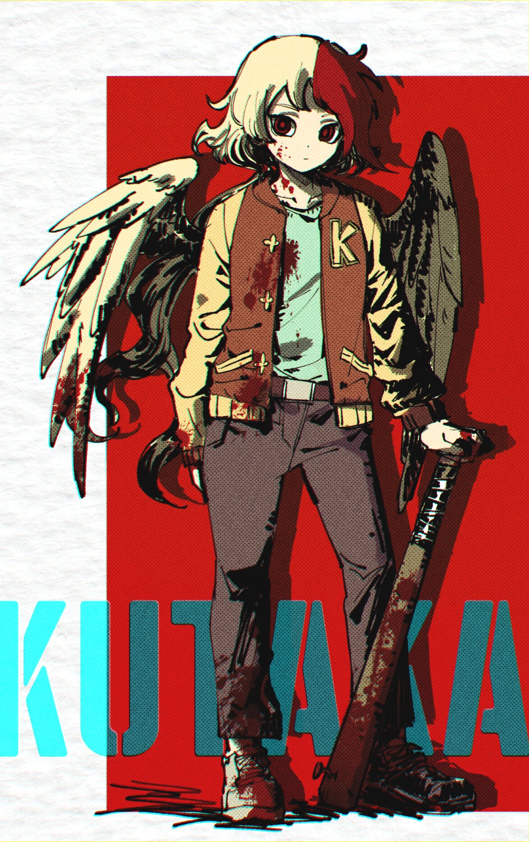 1girl alternate_costume aqua_shirt bangs baseball_bat belt bird_tail bird_wings blonde_hair blood blood_on_clothes blood_on_face blood_on_weapon bloody_wings brown_jacket brown_pants closed_mouth collarbone commentary cosplay crossover expressionless full_body gretia highres hotline_miami jacket jacket_(hotline_miami) jacket_(hotline_miami)_(cosplay) letterman_jacket long_sleeves looking_at_viewer medium_hair multicolored_hair niwatari_kutaka open_clothes open_jacket pants red_eyes red_hair shirt shoes sneakers solo tail touhou two-tone_hair weapon wings yellow_jacket yellow_wings