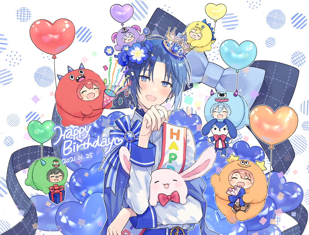 6+boys balloon birthday bishounen blue_flower blue_hair chocolate confetti flower gem happy_birthday heart_balloon idolish_7 izumi_iori izumi_mitsuki jewelry looking_at_viewer male_focus multiple_boys nanase_riku nikaido_yamato open_mouth osaka_sougo red_hair rokuya_nagi short_hair smile solo tayako tiara yotsuba_tamaki