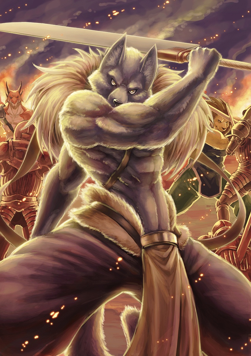 2014 abs action_pose ambiguous_gender anthro armor battle biceps biped black_nose black_pupils bottomwear brown_hair canid canine canis cheek_tuft clothed clothing colored detailed_background digital_media_(artwork) dragon embers facial_tuft felid fighting_pose fire front_view fully_clothed fur fur_trim_(clothing) grey_body grey_bottomwear grey_clothing grey_ears grey_fur grey_inner_ear grey_inner_ear_fluff grey_pants grey_tail group hair hi_res holding_melee_weapon holding_object holding_sword holding_weapon horn humanoid_hands inner_ear_fluff kemono lion loincloth looking_at_viewer male mammal mane mane_hair matsuya melee_weapon monotone_body monotone_ears monotone_fur monotone_hair monotone_tail multicolored_body multicolored_scales muscular muscular_anthro muscular_male orange_body orange_scales outside pantherine pants pecs plate_armor portrait pose pupils scales scalie shaded smoke snout solo_focus standing sword three-quarter_portrait topless tuft two_tone_body two_tone_scales weapon white_body white_scales wolf yellow_body yellow_eyes yellow_fur