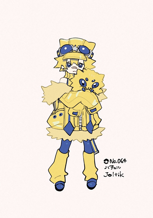 1boy animal bandaid bandaid_on_face bandaid_on_nose blonde_hair blue-tinted_eyewear blue_eyes blue_footwear bug closed_mouth full_body fur-trimmed_jacket fur_trim goggles goggles_on_head hair_between_eyes harurie holding holding_animal jacket joltik leg_warmers long_sleeves looking_at_viewer male_focus off_shoulder personification pokemon pokemon_(creature) short_hair sleeveless sleeves_past_fingers sleeves_past_wrists solo spider spiked_hair standing tinted_eyewear turtleneck white_background yellow_headwear yellow_jacket zipper