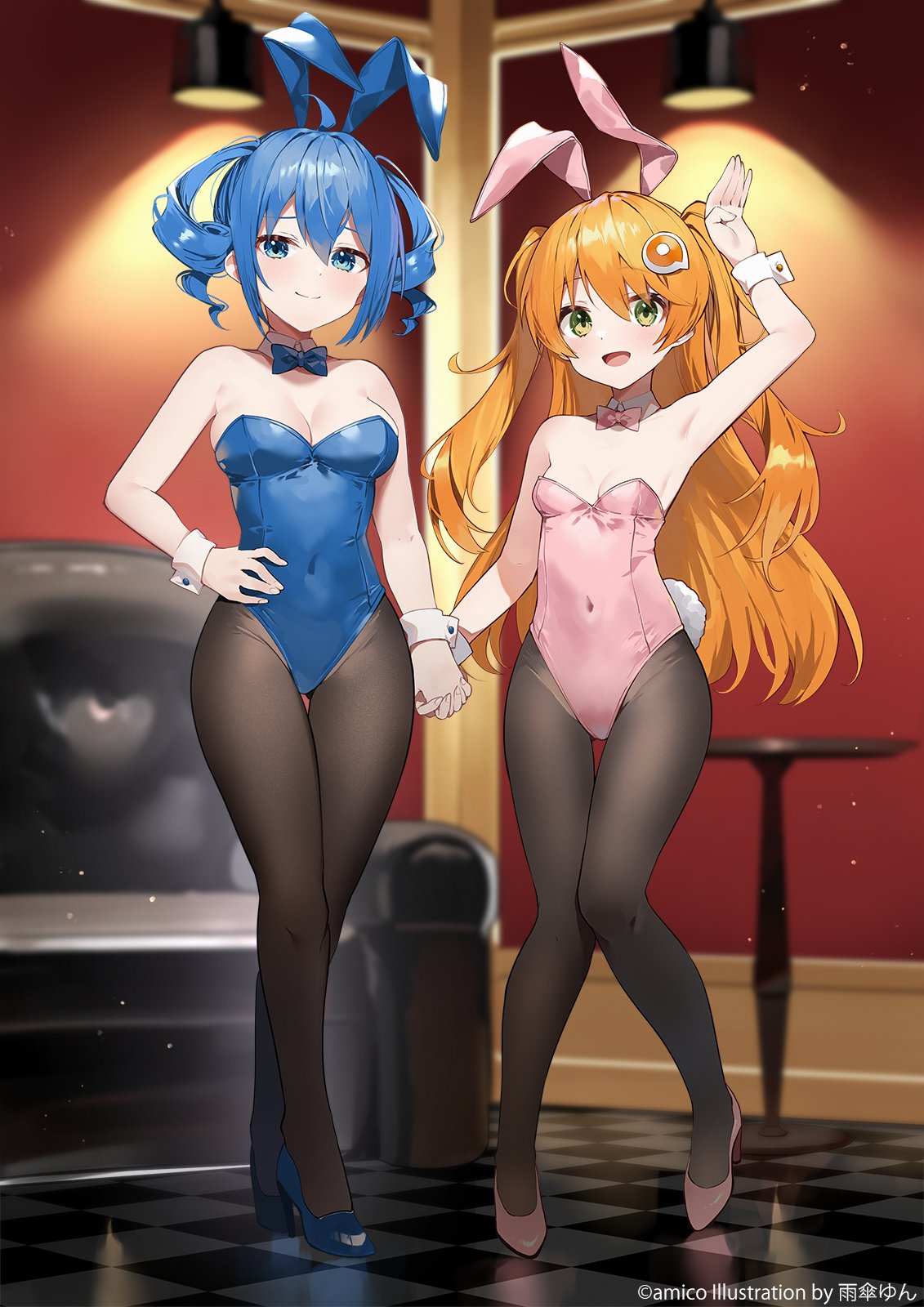 2girls amagasa_yun amiami_(company) amico animal_ears arm_up armpits artist_name bangs black_pantyhose blue_bow blue_bowtie blue_eyes blue_footwear blue_hair blue_leotard blurry blurry_background bow bowtie breasts cleavage closed_mouth commentary_request copyright covered_navel detached_collar drill_hair english_text fake_animal_ears full_body green_eyes hair_ornament hairclip high_heels highleg highleg_leotard highres holding_hands indoors large_breasts legs leotard lilco logo_hair_ornament long_hair medium_breasts medium_hair multiple_girls open_mouth orange_hair pantyhose pink_bow pink_bowtie pink_footwear pink_leotard playboy_bunny second-party_source shiny shiny_clothes shiny_hair shiny_skin sidelocks sleeve_cuffs smile thighs tile_floor tiles twin_drills twintails