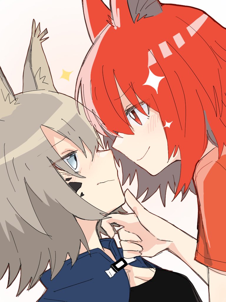 2girls animal_ears arknights ashlock_(arknights) black_shirt blue_eyes blush breasts cleavage eye_contact face-to-face flametail_(arknights) grey_hair hand_on_another's_chin hand_up looking_at_another multiple_girls oripathy_lesion_(arknights) portrait red_eyes red_hair red_shirt shirt simple_background small_breasts smile sparkle squirrel_ears squirrel_girl toto_(t0t00629) wavy_mouth white_background yuri