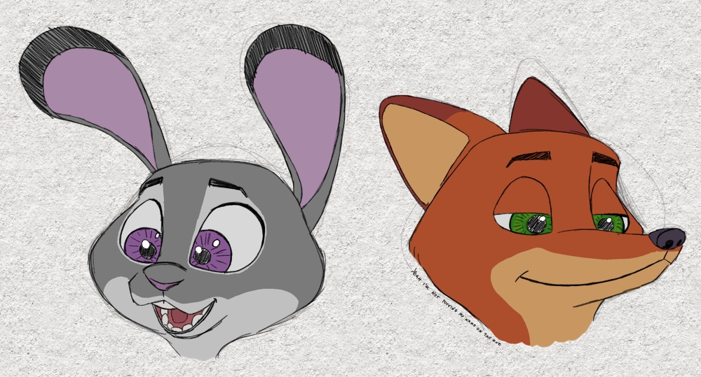 anthro boloid canid canine digital_media_(artwork) disney duo european_rabbit female fox fur green_eyes judy_hopps lagomorph leporid male male/female mammal multicolored_body multicolored_fur nick_wilde oryctolagus purple_eyes rabbit red_fox two_tone_body two_tone_fur zootopia