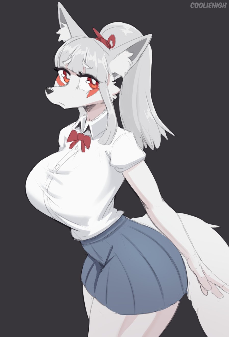 2022 anthro bottomwear bow_tie canid canine clothed clothing cooliehigh female fox fur grey_hair hair hi_res inner_ear_fluff looking_aside mammal ponytail red_eyes shirt simple_background skirt solo tenko_fushimi topwear tuft white_body white_fur white_inner_ear_fluff