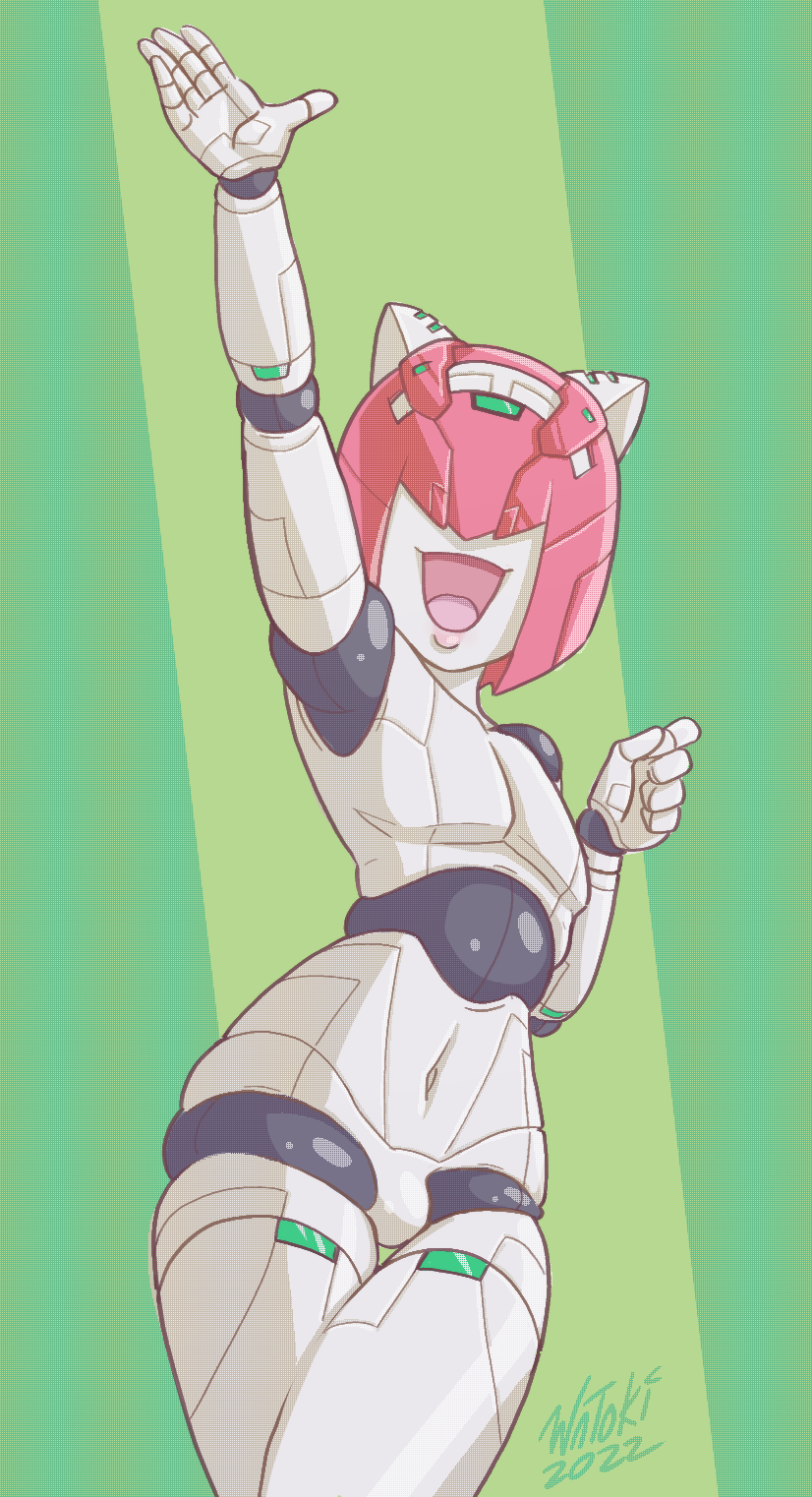 bulge dithering eyeless gesture green_background hi_res humanoid machine male not_furry open_mouth open_smile robot robot_humanoid shamrock_(polynian) simple_background smile solo thigh_gap watoki waving