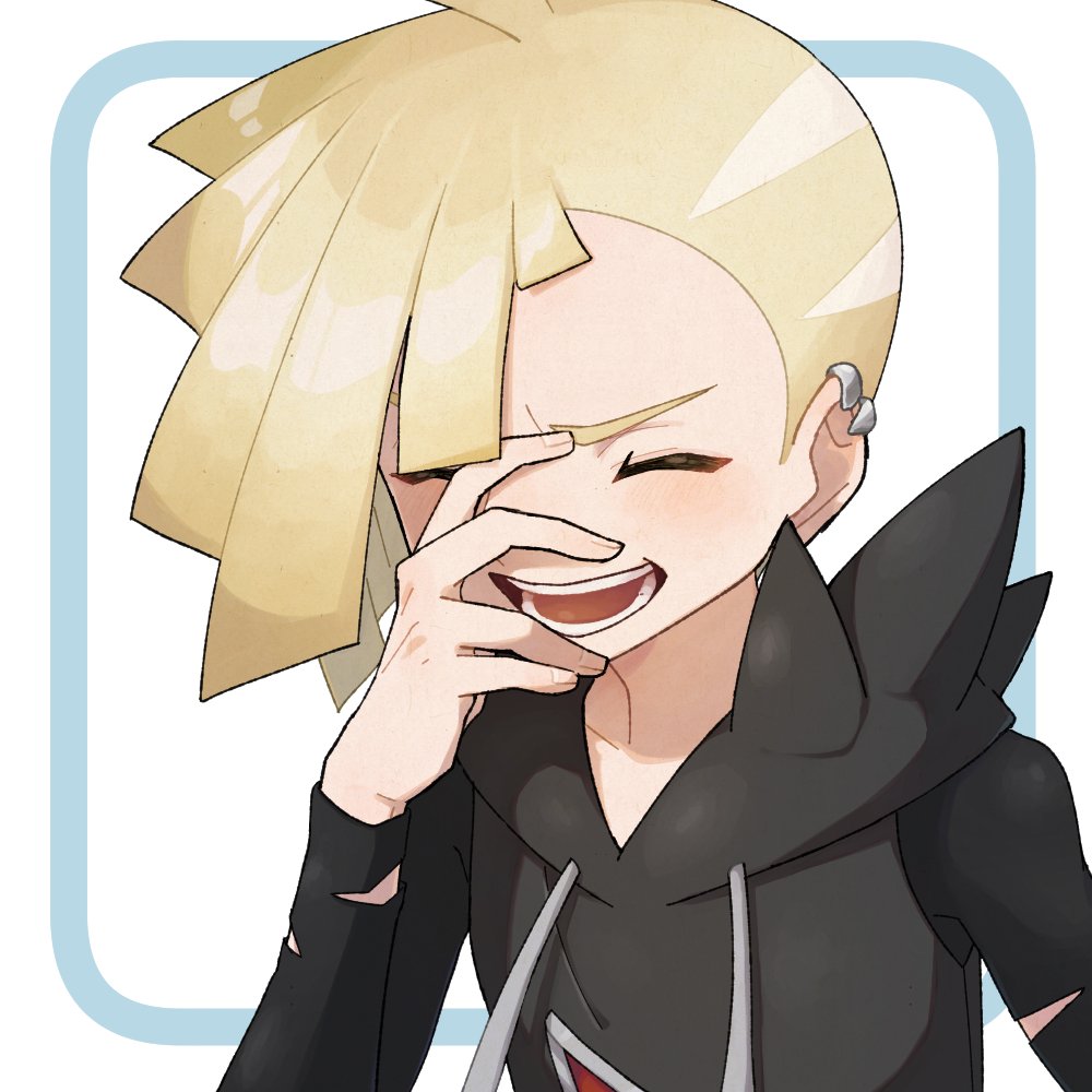 1boy :d ahoge bangs black_shirt blonde_hair blush closed_eyes commentary_request ear_piercing framed gladion_(pokemon) grey_vest hair_over_one_eye hand_up hood hooded_vest hoodie male_focus miu_(miuuu_721) open_mouth piercing pokemon pokemon_(game) pokemon_sm shirt short_hair smile solo tassel teeth tongue torn_clothes torn_shirt vest white_background