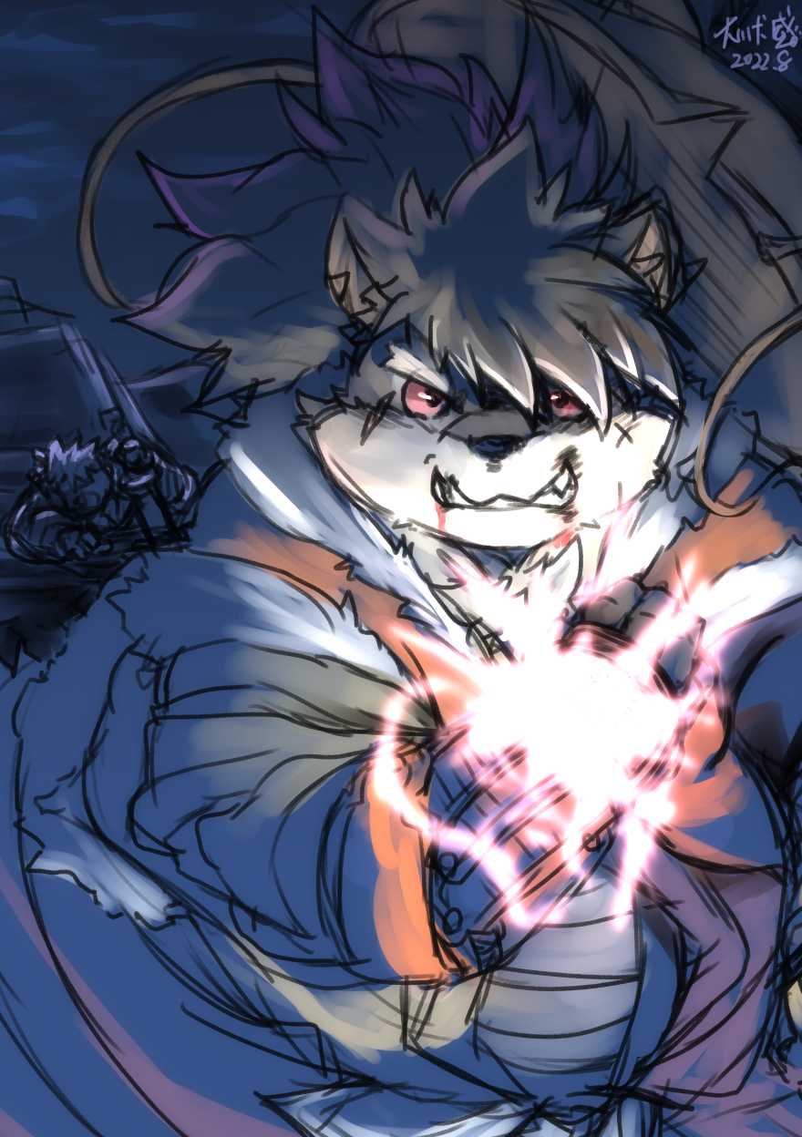 anthro canid canine canis domestic_dog energy_ball eyebrows fur glowing grey_body grey_fur hair hi_res inuiookawa lifewonders long_hair male mammal musclegut ponytail scar shino_(housamo) solo thick_eyebrows tokyo_afterschool_summoners video_games