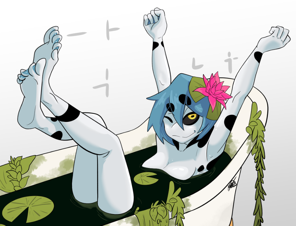 amazon_milk_frog amphibian anthro aria_whittemore arm_out_of_water arms_above_head bathing bathtub blue_hair breasts cleavage clothed clothing crossed_legs dark_eyes feet female flower frog hair head_out_of_water lily_pad looking_at_viewer lotus_(flower) lying membrane_(anatomy) novacantnames on_back out_of_water plant pond short_hair simple_background slim small_breasts smile solo spots spread_toes stretching toes tree_frog vines water webbed_feet webbed_hands white_body yellow_eyes