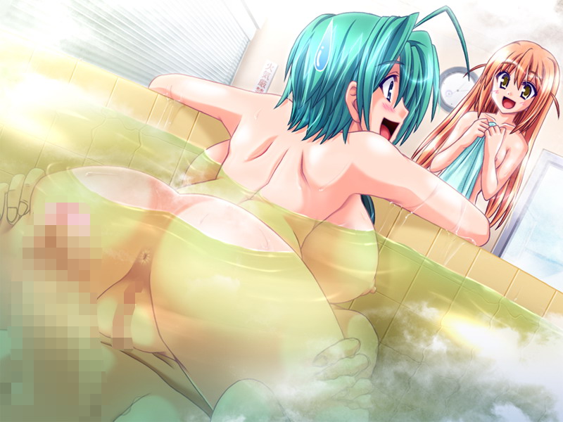 2girls ahoge akaza anus aqua_hair ass backboob bath bathroom bent_over breast_smother breasts censored clock erection game_cg hetero huge_breasts long_hair mosaic_censoring multiple_girls nervous nipples nonomiya_yuzu nude open_mouth orange_hair penis pussy shinohara_itsuki short_hair smile smother stealth_sex sweatdrop walk-in water wet yuugeki_keikan_patvessel