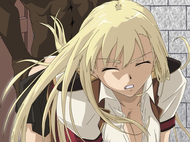 blonde_hair breasts cleavage clenched_teeth closed_eyes clothed_sex dark_skin dark_skinned_male doggystyle interracial kyabakurabakufu large_breasts long_hair octavia sex solo_focus tears_to_tiara teeth wince