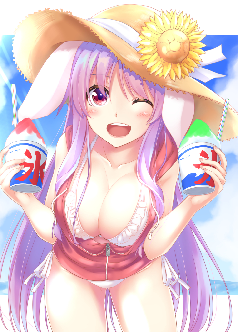 1girl ;d animal_ears artist_name bangs bare_arms bare_shoulders bikini blush breasts brown_hat bunny_ears collarbone commentary_request cowboy_shot eyebrows_visible_through_hair eyebrows_visible_through_hat fingernails flower food frilled_bikini frills halterneck hands_up hat hat_flower hat_ribbon highres holding holding_food hood hooded_jacket jacket kooribata kue large_breasts leaning_forward long_hair looking_at_viewer one_eye_closed open_mouth purple_hair red_eyes red_jacket reisen_udongein_inaba ribbon shaved_ice shiny shiny_skin side-tie_bikini sidelocks sleeveless_jacket smile solo standing sun_hat sunflower swimsuit thighs touhou very_long_hair white_bikini white_ribbon zipper