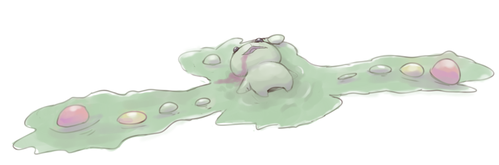animal_focus black_eyes blood blood_from_mouth boke-chan commentary corpse death english_commentary lying no_humans on_back open_mouth pokemon pokemon_(creature) puddle reuniclus simple_background solo white_background