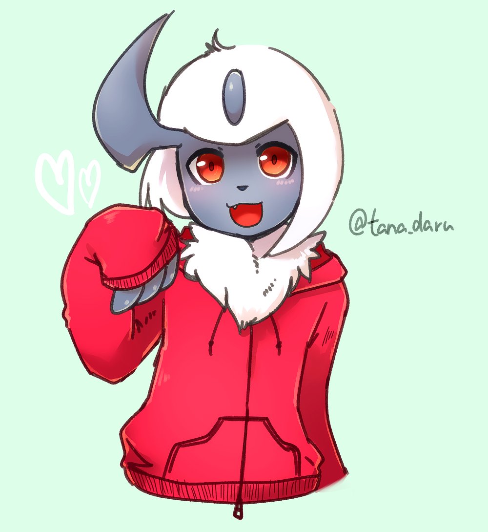 &lt;3 absol ambiguous_gender blush claws clothing fangs green_background grey_claws grey_face grey_horn hair half-length_portrait horn jacket long_sleeves nintendo open_mouth pok&eacute;mon pok&eacute;mon_(species) portrait red_clothing red_eyes red_jacket red_topwear signature simple_background solo tana_daru topwear video_games white_body white_hair zipper