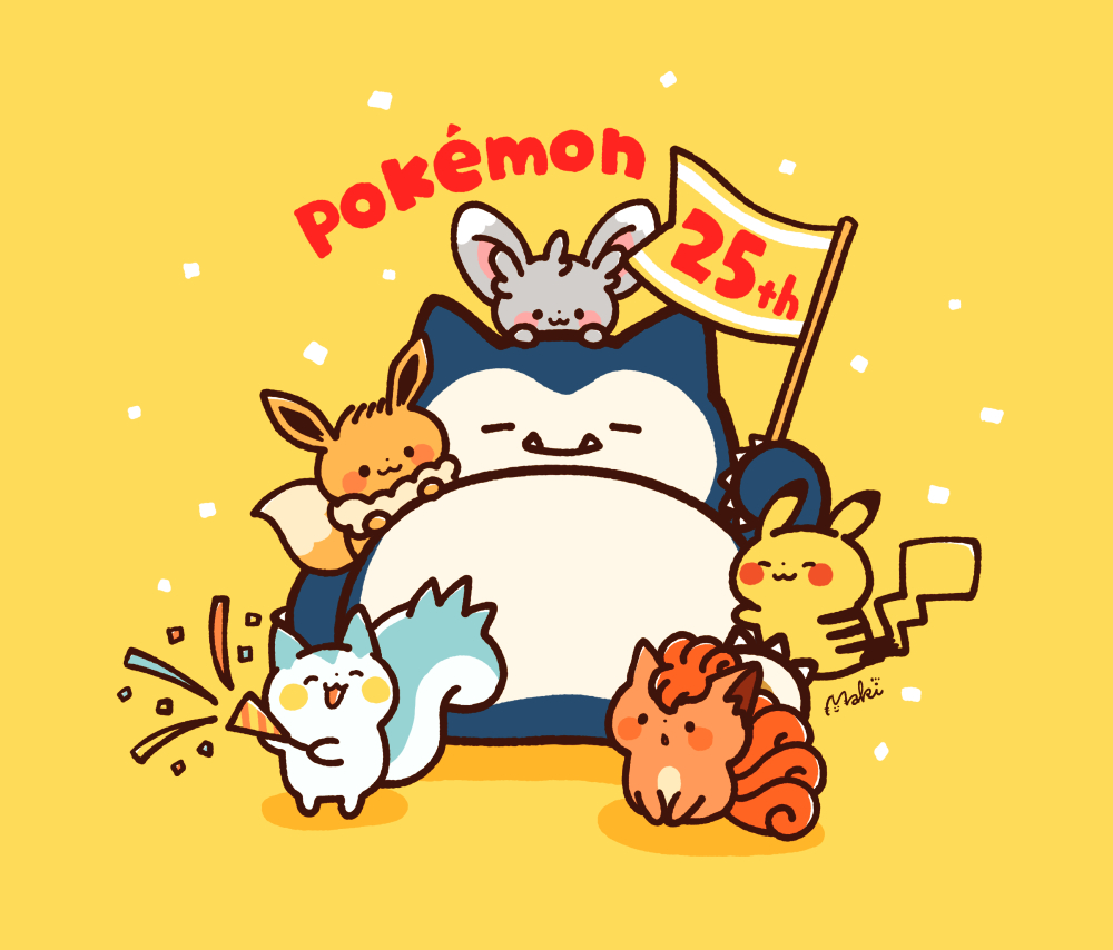 anniversary ccmakiart confetti copyright_name eevee flag holding holding_flag holding_party_popper hug minccino no_humans on_head pachirisu party_popper pikachu pokemon pokemon_(creature) snorlax vulpix