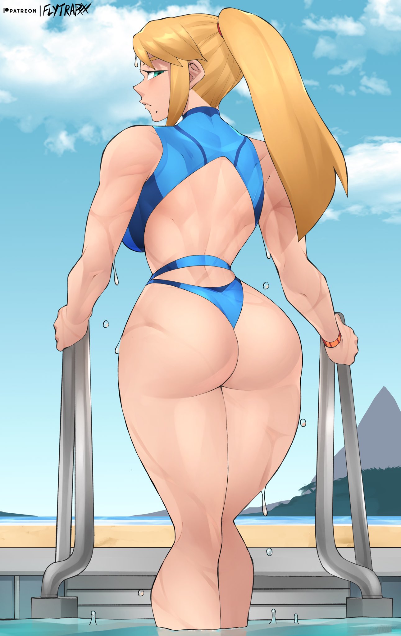 1girl adapted_costume ass beach bikini blonde_hair blue_swimsuit bracelet breasts day english_commentary flytrapxx from_behind green_eyes highres horizon jewelry large_breasts legs_together looking_at_viewer looking_back metroid mole mole_under_mouth muscular muscular_female narrow_waist ocean ponytail pool pool_ladder samus_aran sidelocks solo swimsuit tankini wide_hips zero_suit
