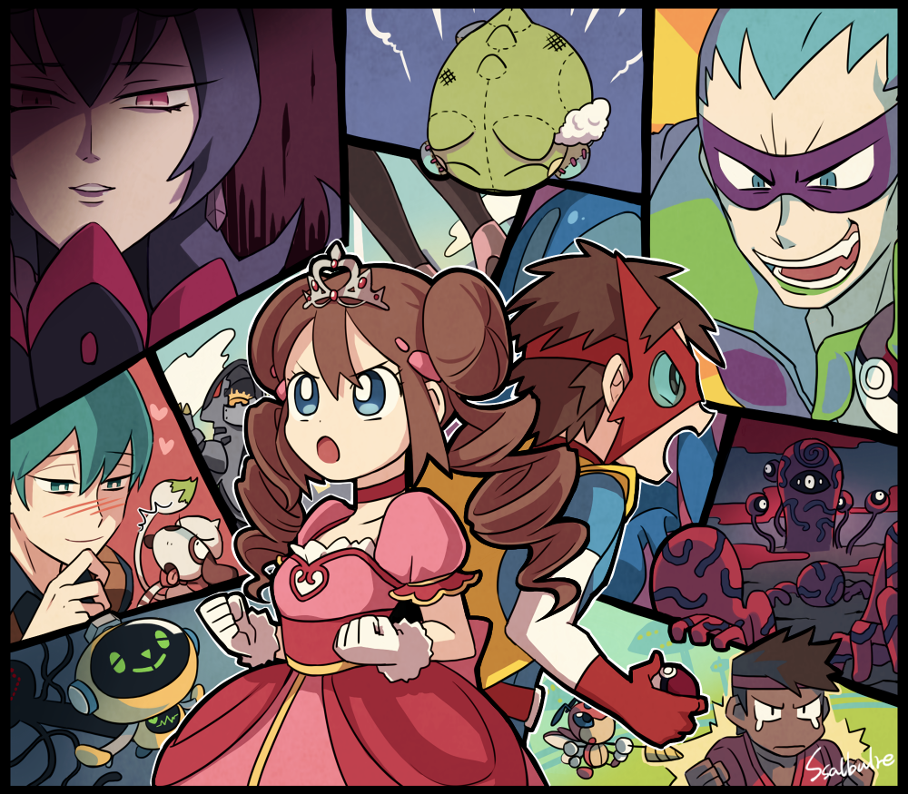 2girls 4boys ace_trainer_(pokemon) bangs bellelba_(pokemon) black_belt_(pokemon) blue_eyes blush bright_pupils brown_hair brycen_(pokemon) choker clenched_hands commentary_request double_bun dress gloves green_hair hair_bun hand_up heart ledian long_hair multiple_boys multiple_girls nate_(pokemon) outline parted_lips pink_dress pokemon pokemon_(creature) pokemon_(game) pokemon_bw2 pokestar_studios red_choker rosa_(pokemon) signature smeargle ssalbulre tiara twintails white_gloves white_pupils