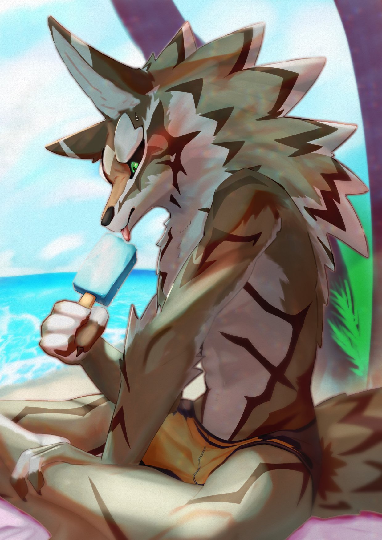 anthro beach black_sclera blue_sky blush brown_body brown_fur canid canine canis clothing dessert eating eating_food food fur green_eyes hi_res ice_cream jackal ka_ramono licking_popsicle lifewonders male mammal seaside seth_(tas) sky solo swimwear tokyo_afterschool_summoners tongue tongue_out video_games white_body white_fur