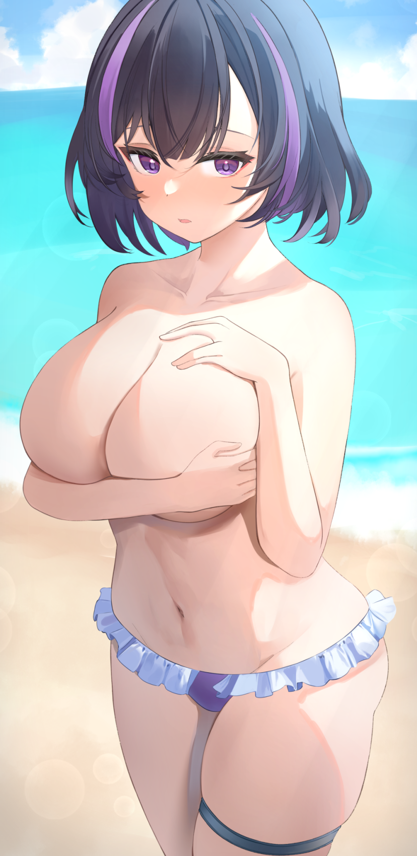 1girl bangs beach bikini bikini_bottom_only black_hair blue_sky breasts collarbone commission copyright_request covering covering_breasts cowboy_shot day frilled_bikini frills hand_on_own_chest hands_up highres horizon kanno_esuto large_breasts legs_together looking_at_viewer multicolored_hair navel open_mouth outdoors purple_eyes purple_hair sand short_hair sky solo standing swimsuit thigh_strap topless tsurime two-tone_hair water white_bikini