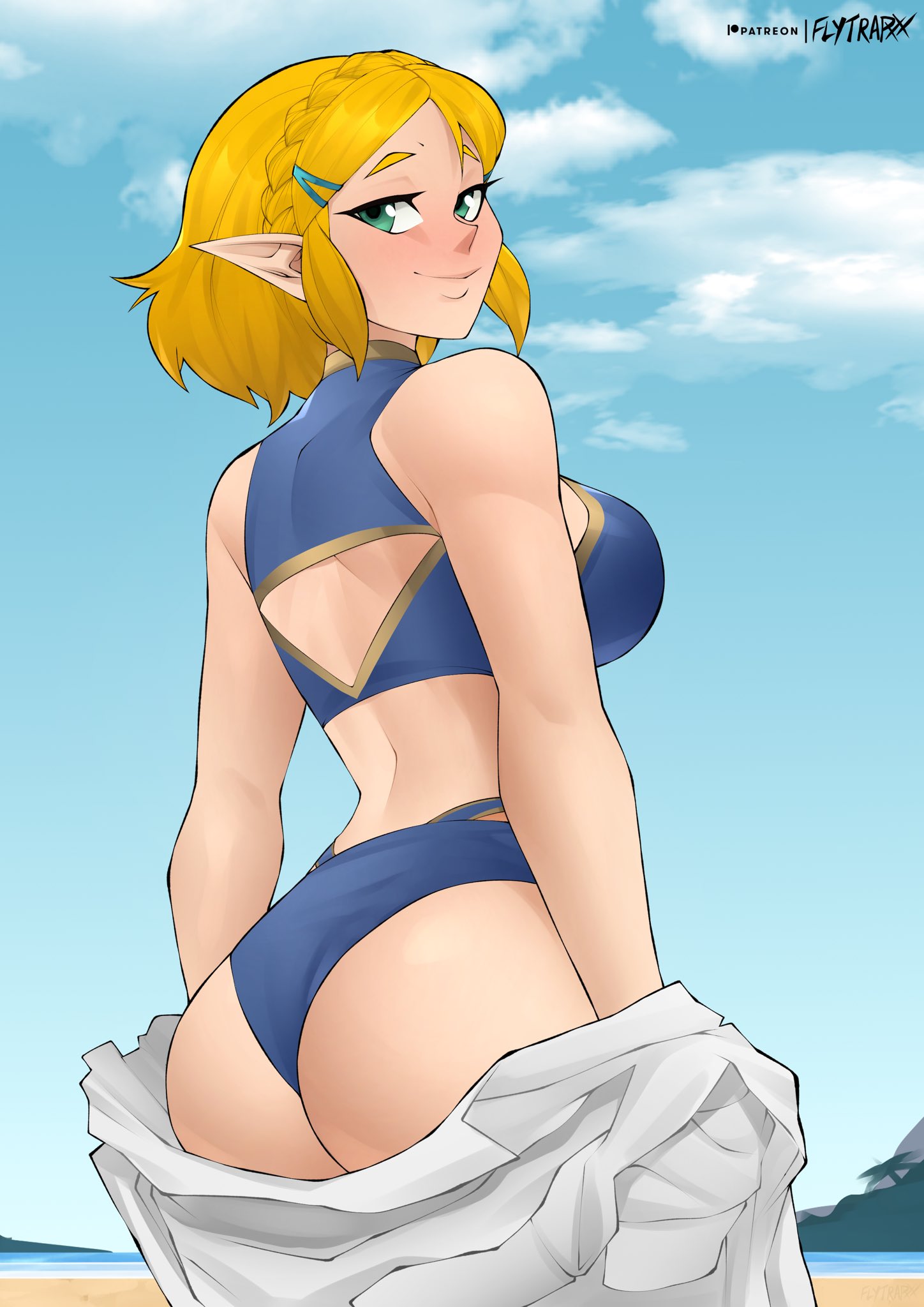 1girl ass back back_cutout beach bikini blue_bikini blue_sky braid breasts clothing_cutout crown_braid day english_commentary flytrapxx from_behind hair_ornament hairclip highres horizon large_breasts looking_back multi-strapped_bikini narrow_waist ocean open_clothes open_shirt pointy_ears princess_zelda short_hair sidelocks sky smile solo swimsuit tankini the_legend_of_zelda the_legend_of_zelda:_breath_of_the_wild the_legend_of_zelda:_breath_of_the_wild_2 triangle_cutout turning_head undressing
