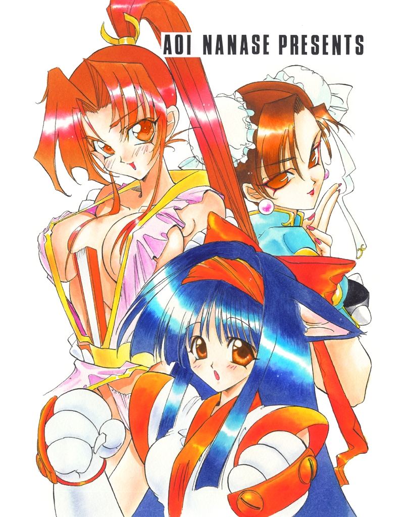 3girls animal_ears artist_name blue_dress blush breasts brown_eyes cat_ears chun-li claws cleavage dress earrings folded_fan folding_fan hand_fan jewelry large_breasts multiple_girls nakoruru nanase_aoi ribbon shiranui_mai smile