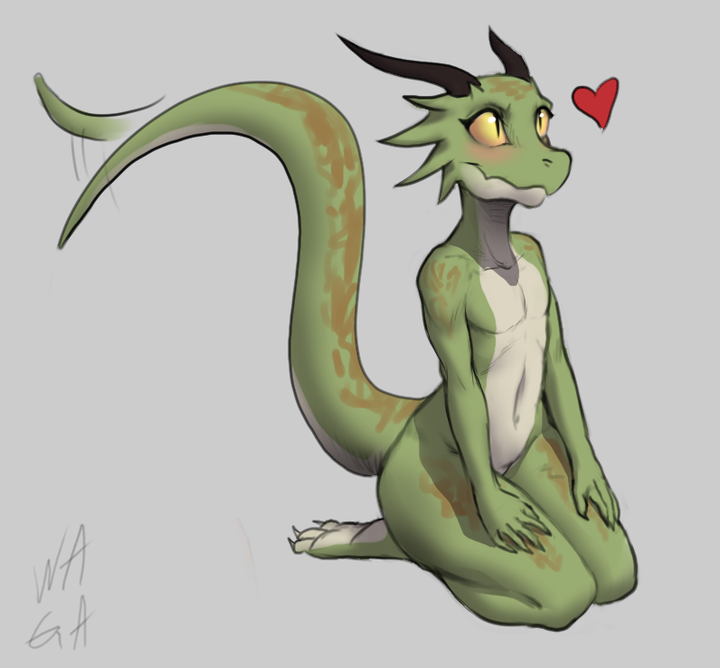 &lt;3 2019 anthro female flat_chested full-length_portrait green_body green_scales grey_background horn kneeling kobold long_tail nude nude_anthro nude_female portrait pupils scales scalie simple_background slit_pupils solo tail_motion tailwag w4g4 yellow_eyes