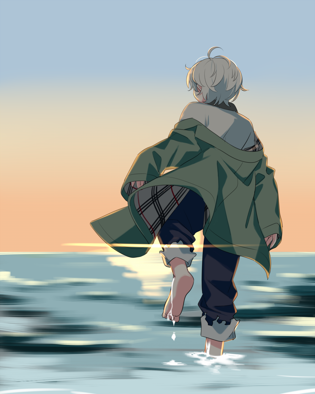 1boy ahoge barefoot beach facing_away grey_hair highres in_water ishihara_usumi jacket jiitarou long_sleeves looking_ahead mahjong_soul male_focus short_hair solo sunset wavy_hair white_hair yellow_eyes