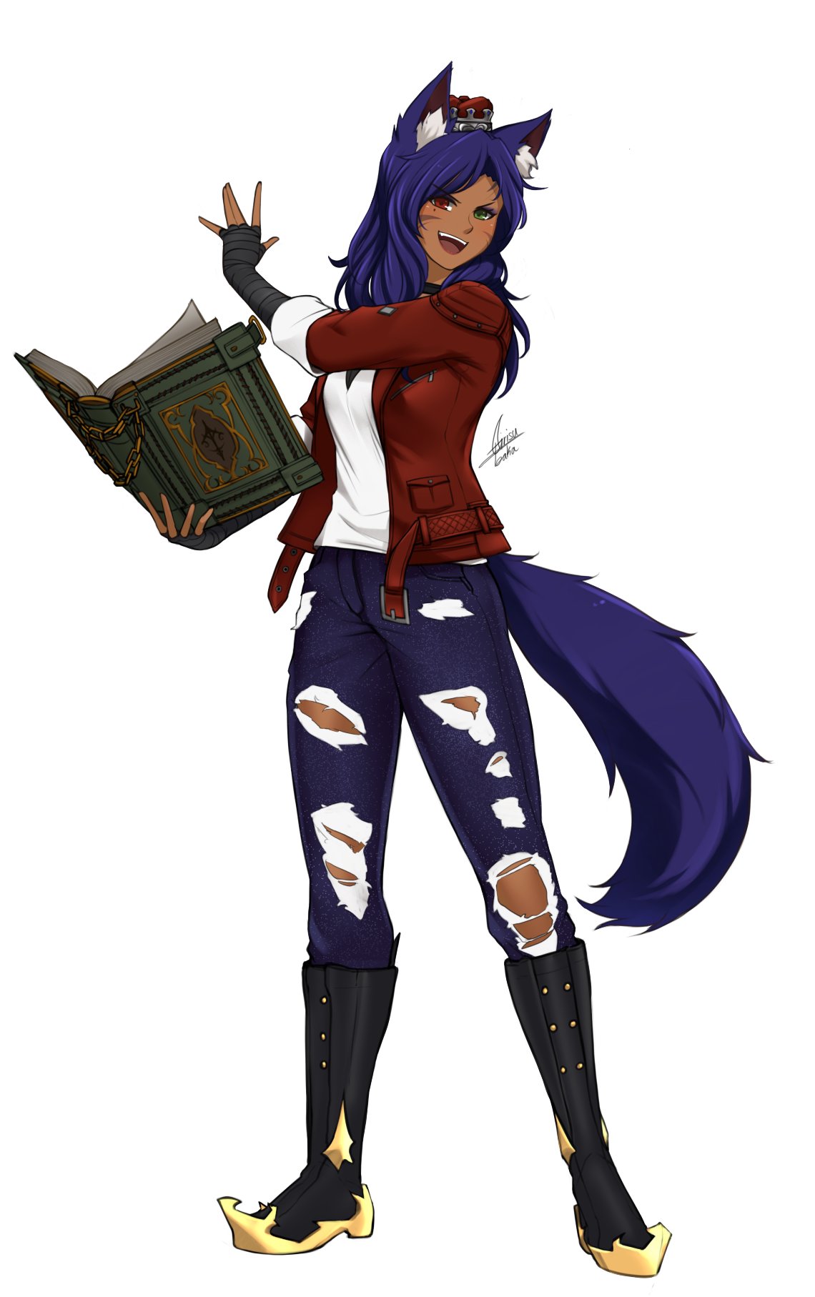 1girl :d airisubaka animal_ear_fluff animal_ears artist_name black_footwear blue_hair book boots chain commentary crown dark-skinned_female dark_skin facial_mark fingerless_gloves full_body gloves green_eyes heterochromia highres holding holding_book jacket knee_boots long_hair long_sleeves looking_at_viewer mole mole_under_eye open_book open_clothes open_jacket open_mouth original pants red_eyes red_jacket signature simple_background smile solo standing tail torn_clothes torn_pants whisker_markings white_background wolf_ears wolf_girl wolf_tail