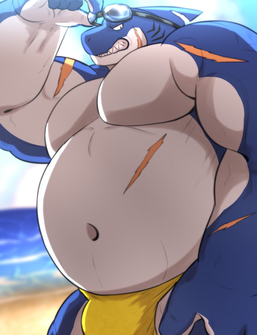 anthro beach belly biceps blue_arms blue_body blue_sky bulge clothed clothing cloud day fish male marine multicolored_body navel nullraihigi overweight overweight_anthro overweight_male pecs scar seaside shark sky solo swimming_goggles swimwear teeth topless water yellow_clothing yellow_swimwear