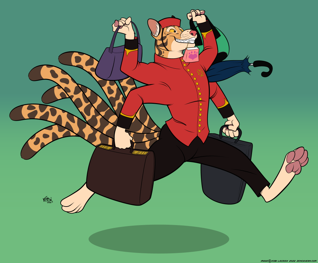 anthro bellhop bottomwear briefcase clothing clouded_leopard digitigrade felid gradient hat headgear headwear holding_object jacket kobi_lacroix luggage male mammal multi_arm multi_limb multi_tail pantherine pants pawpads purse solo topwear umbrella uniform