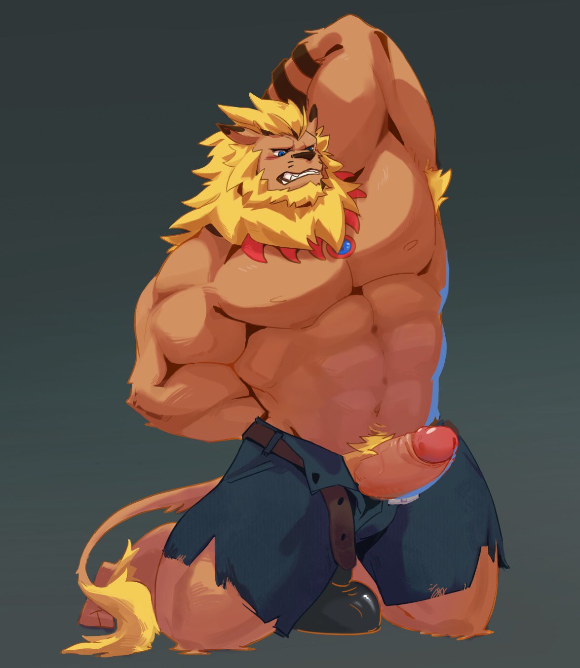 bandai_namco blonde_hair bottomwear clothed clothing digimon digimon_(species) erection genitals hair hi_res leomon male mane muscular nipples open_bottomwear open_clothing open_pants pants penis q1124025703 solo topless