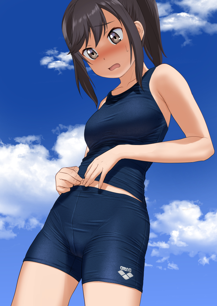 1girl arena_(company) blue_sky blue_swimsuit blush breasts brown_eyes cowboy_shot embarrassed ichijou_hotaru long_hair looking_down medium_breasts mu-pyon non_non_biyori ponytail sky solo sweatdrop swimsuit taut_clothes taut_swimsuit translation_request