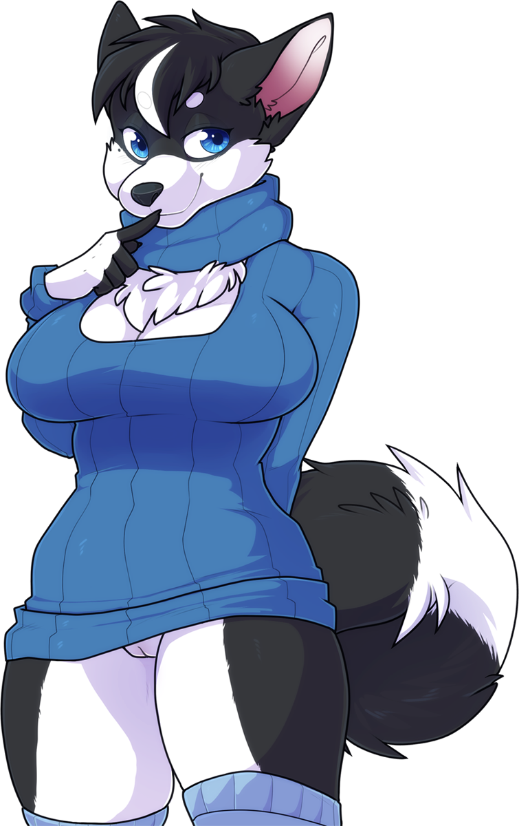 2019 alpha_channel anthro biped black_body black_fur black_hair blue_clothing blue_eyes blue_footwear blue_legwear blue_socks blue_sweater blue_thigh_highs blue_thigh_socks blue_topwear bottomless breasts canid canine chest_tuft cleavage clothed clothing digital_media_(artwork) female finger_to_mouth footwear fur genitals hair hi_res legwear mammal pussy shaded simple_background socks solo sweater thigh_highs thigh_socks topwear transparent_background tuft turtleneck_sweater white_body white_fur white_hair zyira