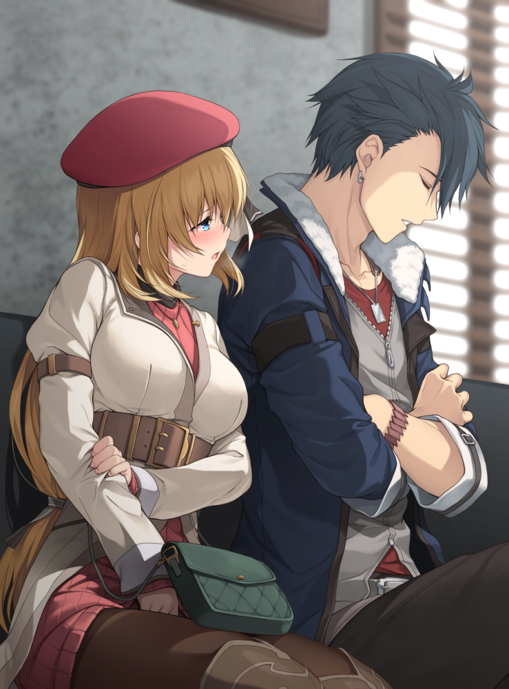 1boy 1girl :o agnes_claudel belt beret blonde_hair blue_eyes blue_hair blush closed_eyes crossed_arms dog_tags eiyuu_densetsu hakuleg hat jewelry kuro_no_kiseki long_hair necklace open_mouth pantyhose red_headwear red_sweater short_hair sitting sleeping sleeping_upright sweater van_arkride very_long_hair