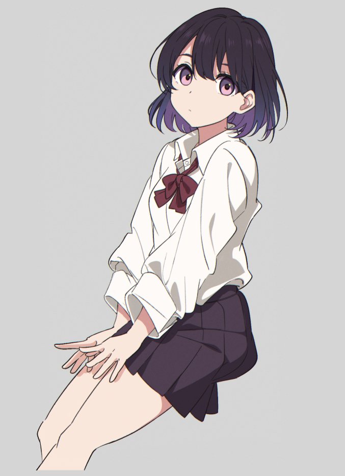 1girl bow bowtie breasts closed_mouth collared_shirt colored_inner_hair dress_shirt feet_out_of_frame from_side hair_between_eyes hands_on_own_thighs invisible_chair kazenoko long_sleeves looking_at_viewer loose_clothes loose_shirt medium_breasts medium_hair miniskirt multicolored_hair original pleated_skirt purple_eyes purple_hair red_bow red_bowtie shirt shirt_tucked_in shoes simple_background sitting skirt sneakers socks white_shirt wing_collar